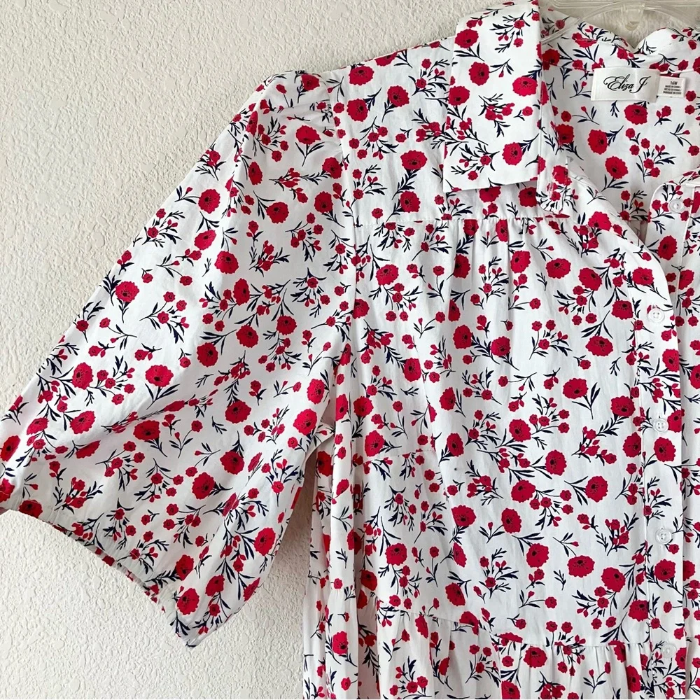 ELIZA J Boho Babydoll Dress 16W Poppy Floral Puff Sleeve Tiered Summer Vacation - Picture 6 of 13